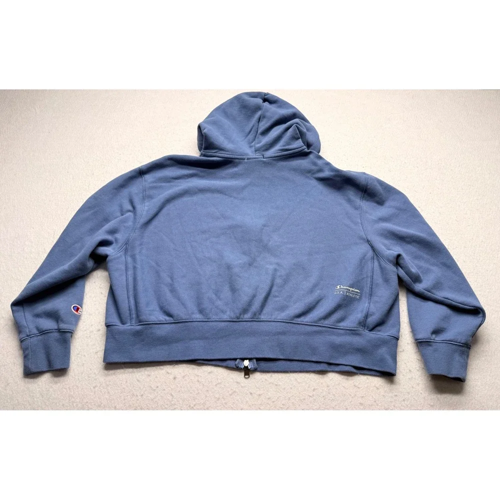 Champion USA Athletic Full Zip Cropped Hoodie Blue Fleece Sweatshirt Womens XL